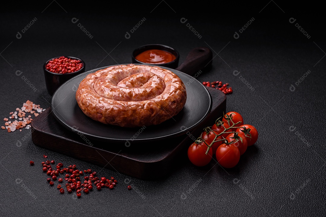 Deliciosa salsicha grelhada em forma de anel com sal, especiarias e ervas sobre fundo escuro de concreto