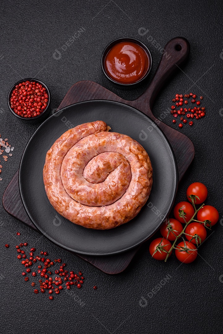 Deliciosa salsicha grelhada em forma de anel com sal, especiarias e ervas sobre fundo escuro de concreto