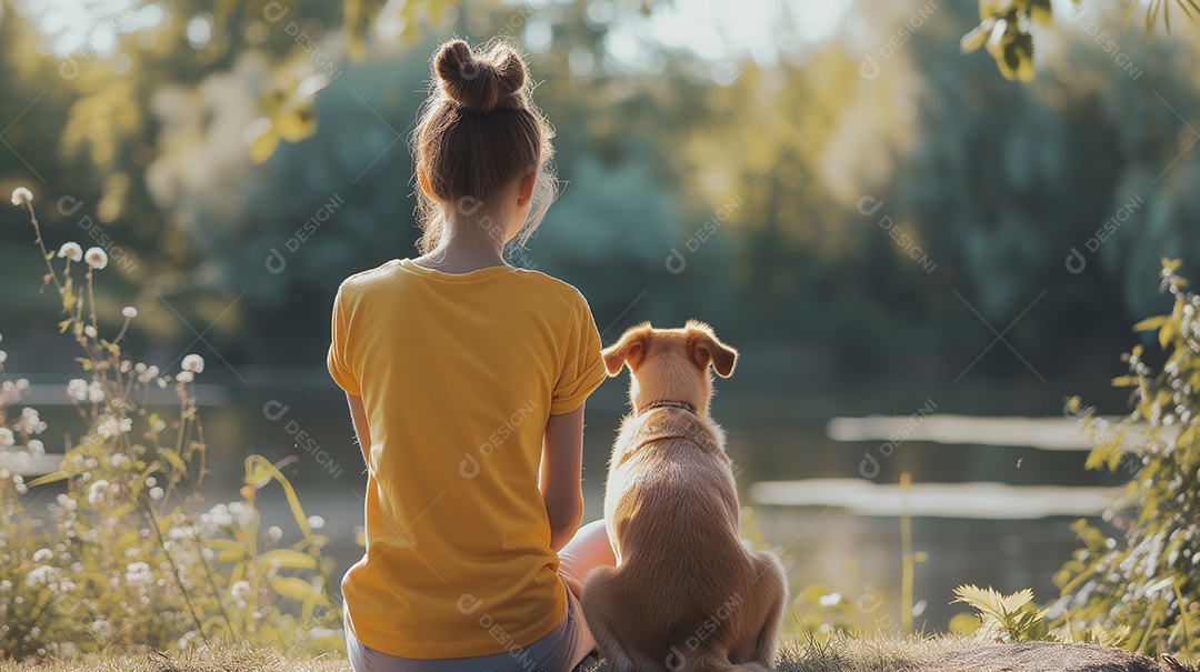 Garota de costas usando uma camiseta amarela em branco e um cachorro sentado no parque