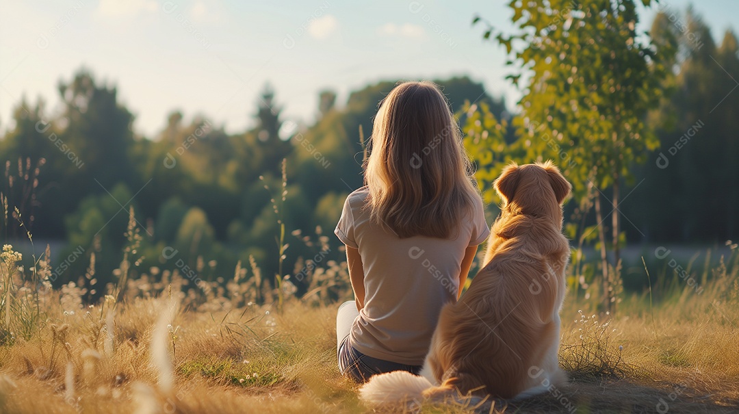 Garota de costas usando uma camiseta amarela em branco e um cachorro sentado no parque