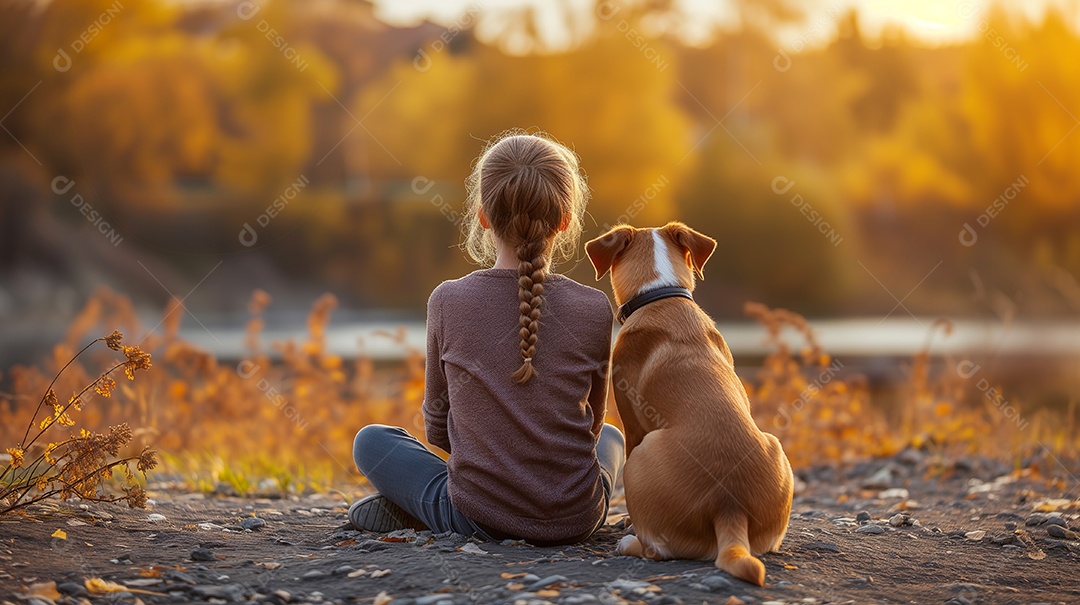 Garota de costas usando uma camiseta amarela em branco e um cachorro sentado no parque