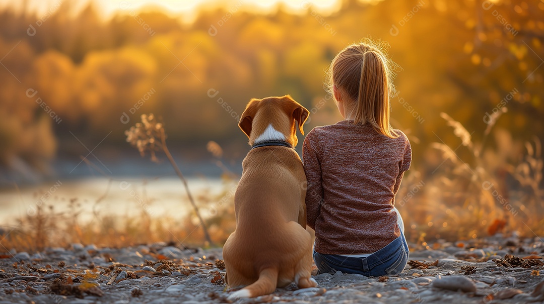 Garota de costas usando uma camiseta amarela em branco e um cachorro sentado no parque