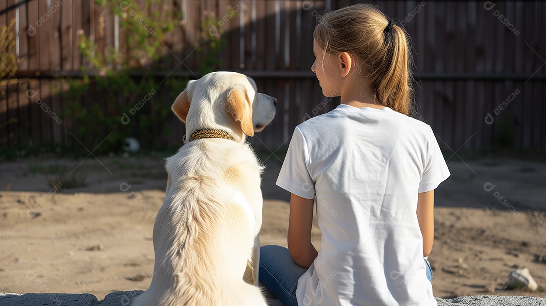 Garota de costas usando uma camiseta amarela em branco e um cachorro sentado no parque