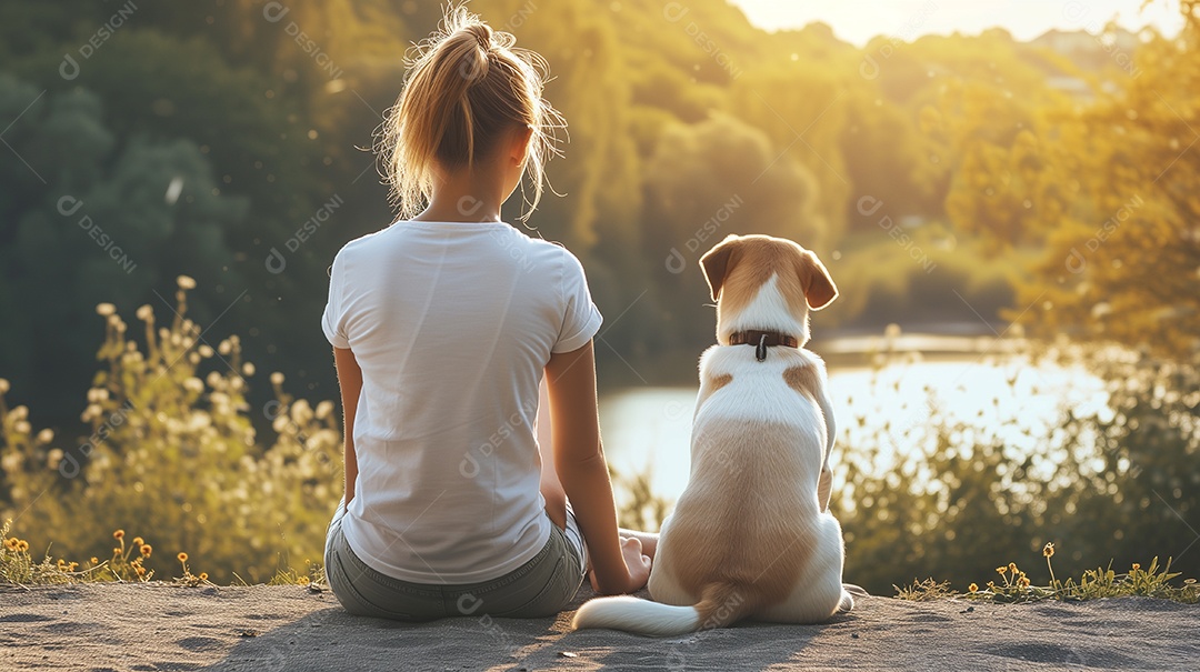 Garota de costas usando uma camiseta amarela em branco e um cachorro sentado no parque