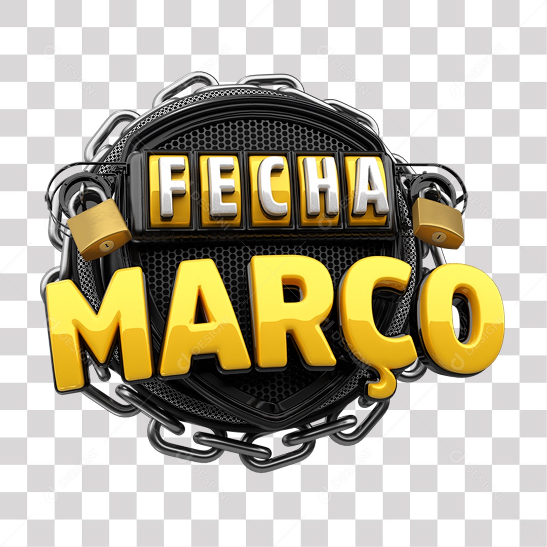 Fecha Março Selo 3D Preto e amarelo para Composição PNG Transparente
