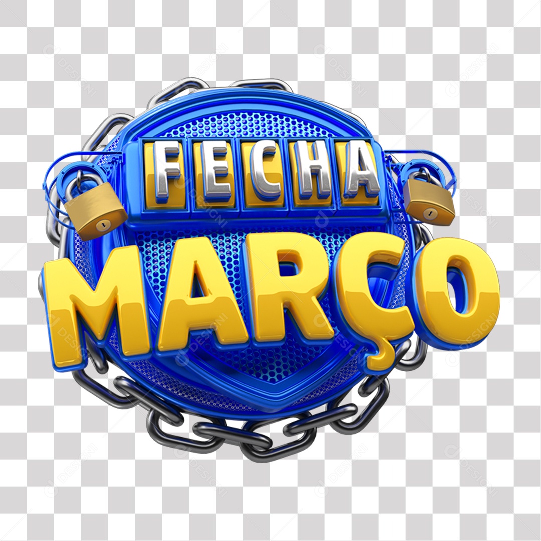 Fecha Março Selo 3D Azul e amarelo para Composição PNG Transparente