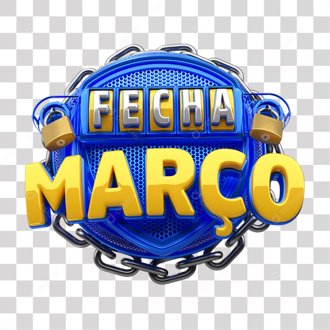 Selo 3D Fecha Março Azul e amarelo para Composição PNG Transparente