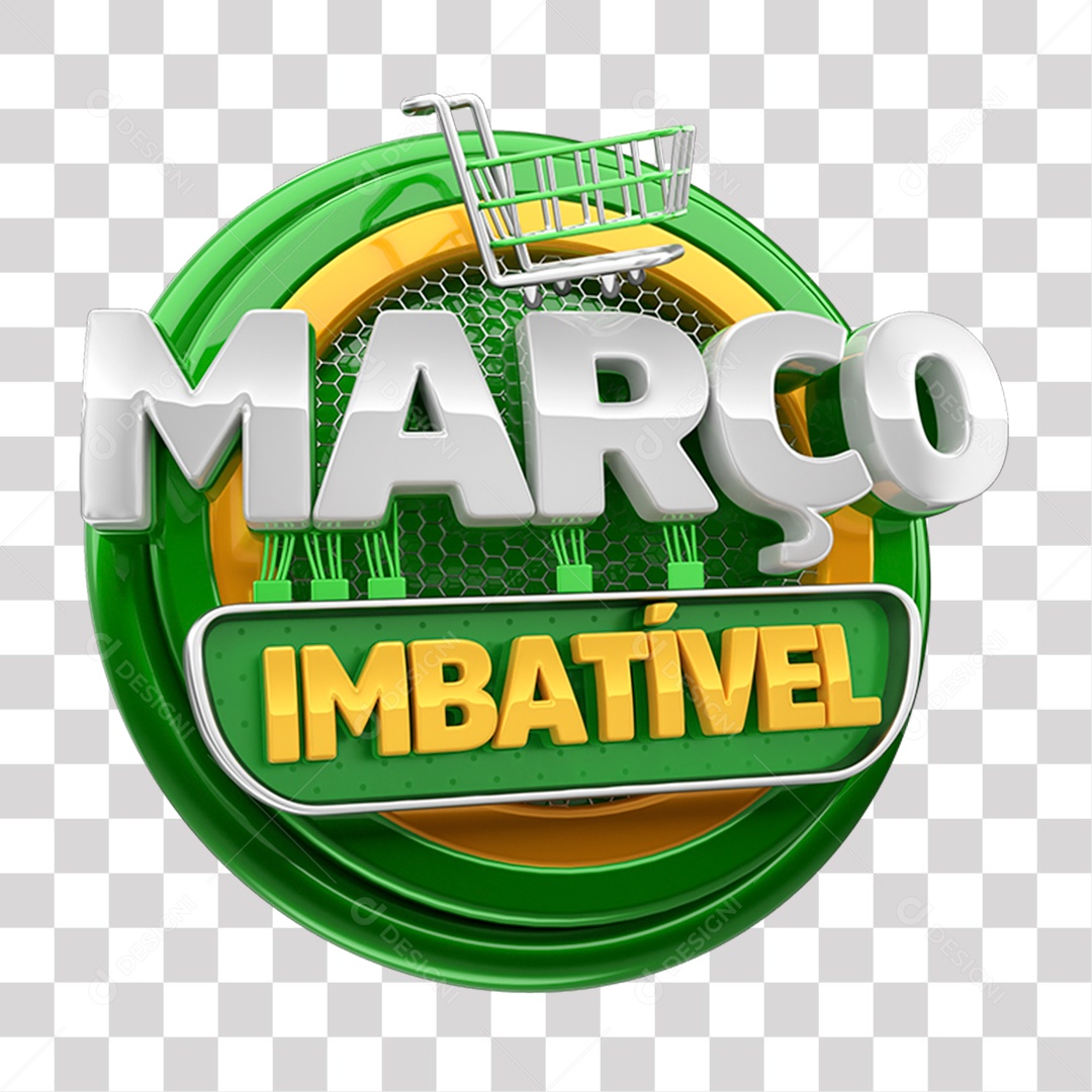 Selo 3D Março Imbatível Verde cinza e amarelo para Composição PNG Transparente