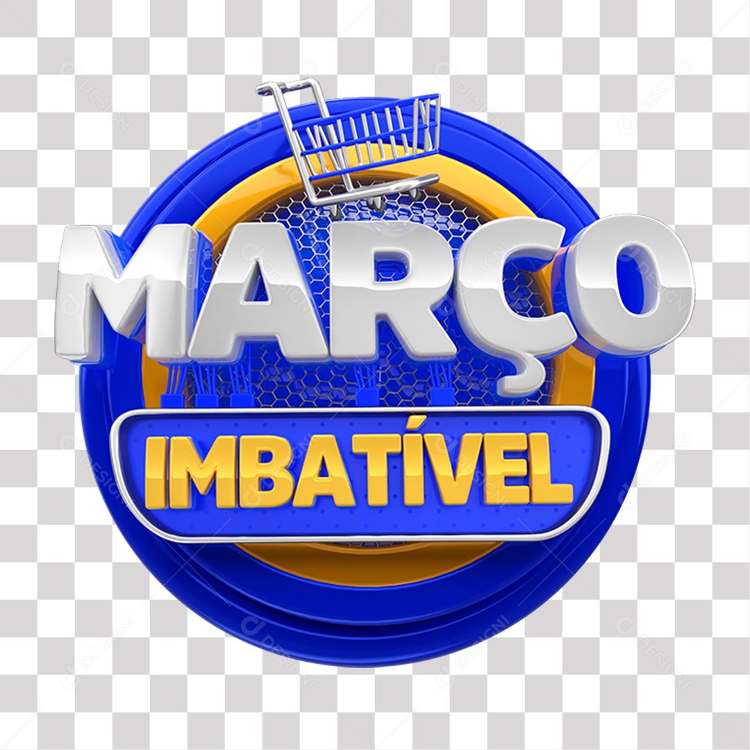 Março Imbatível Selo 3D Azul cinza e amarelo para Composição PNG Transparente