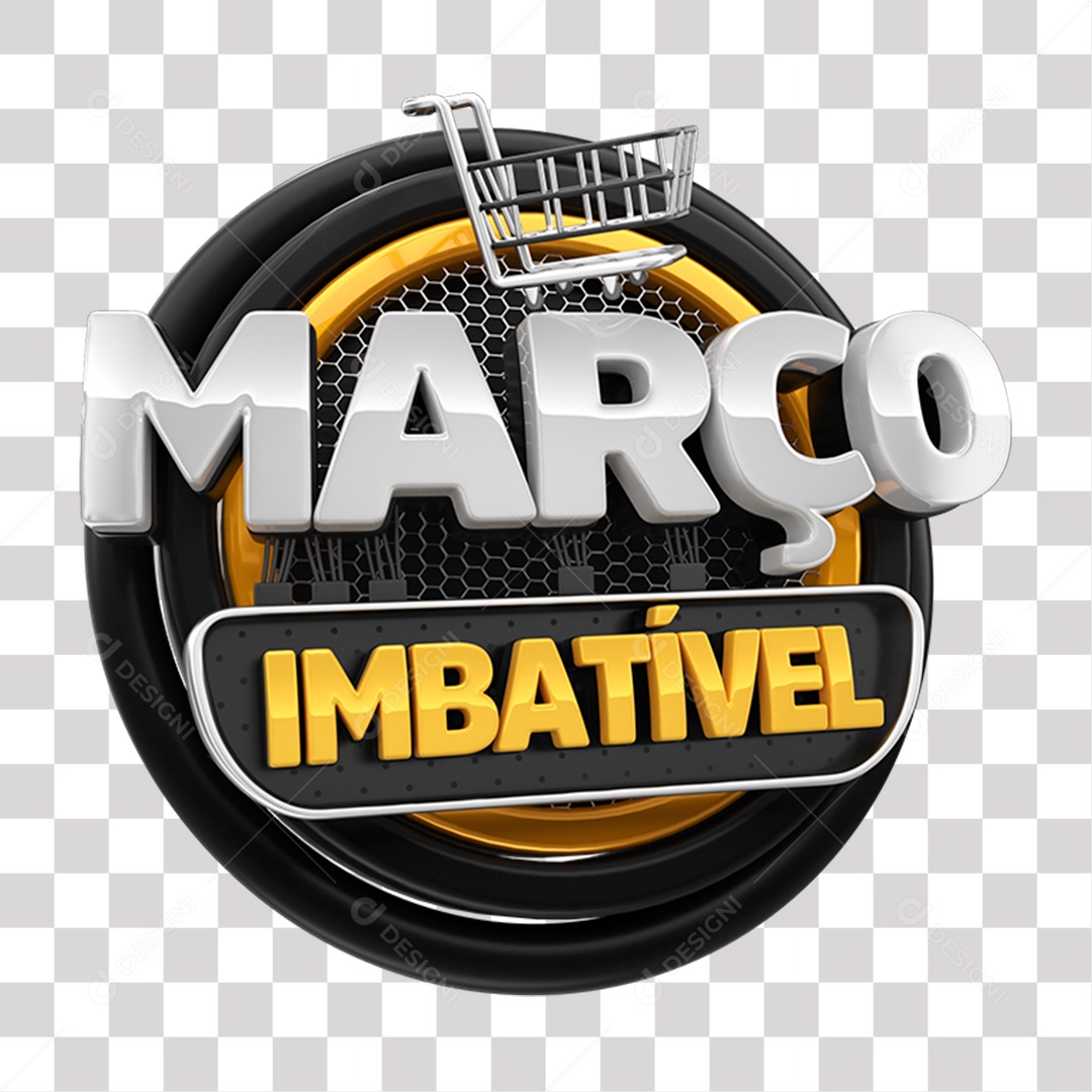 Selo 3D Março Imbatível Amarelo cinza e Preto para Composição PNG Transparente