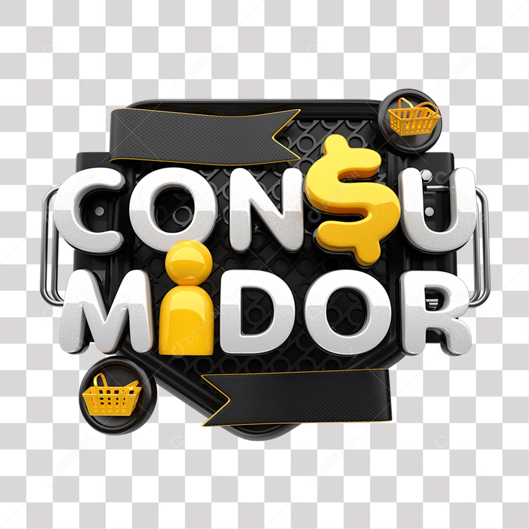 Selo 3D Consumidor Preto Branco e Amarelo para Composição PNG Transparente