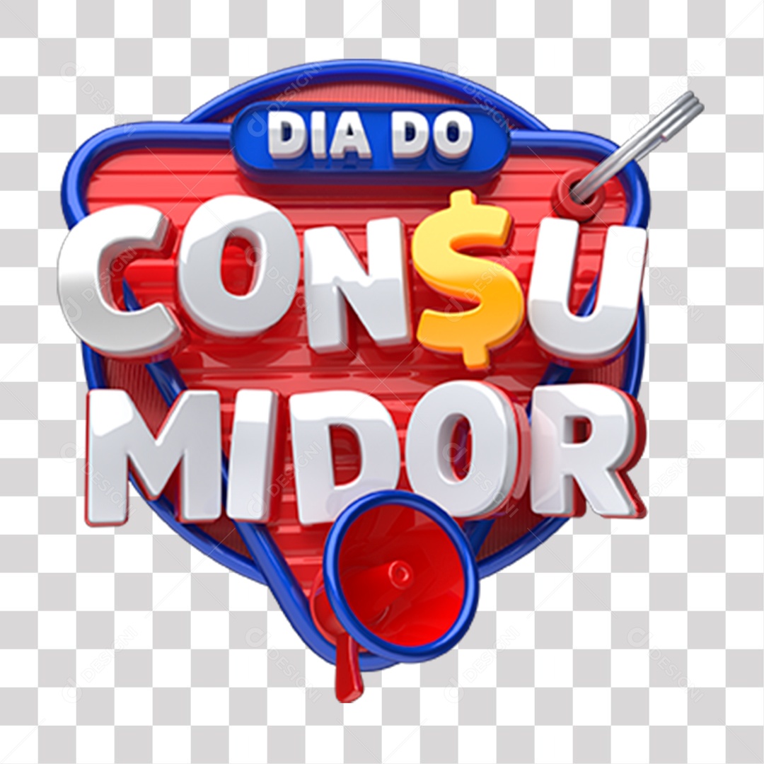 Selo 3D Dia do Consumidor Vermelho Branco e Azul para Composição PNG Transparente