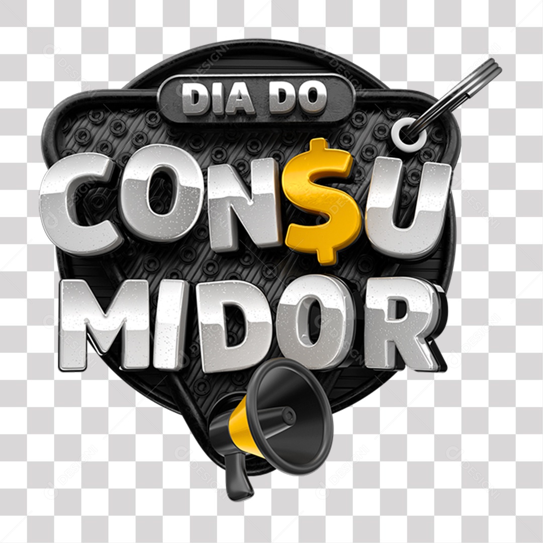Dia do Consumidor Selo 3D Preto Cinza e Amarelo para Composição PNG Transparente