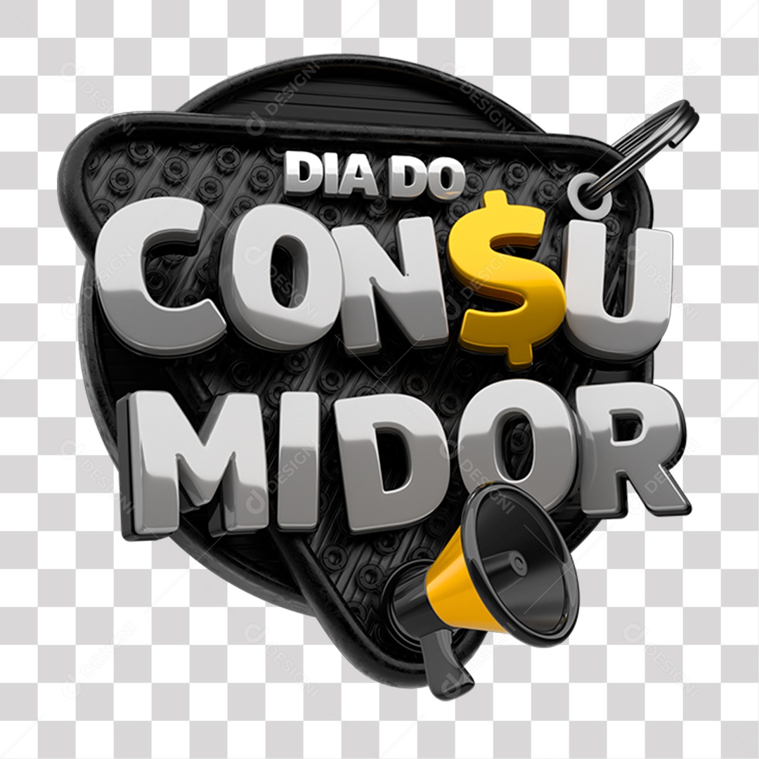 Selo 3D Dia do Consumidor Preto Cinza e Amarelo para Composição PNG Transparente