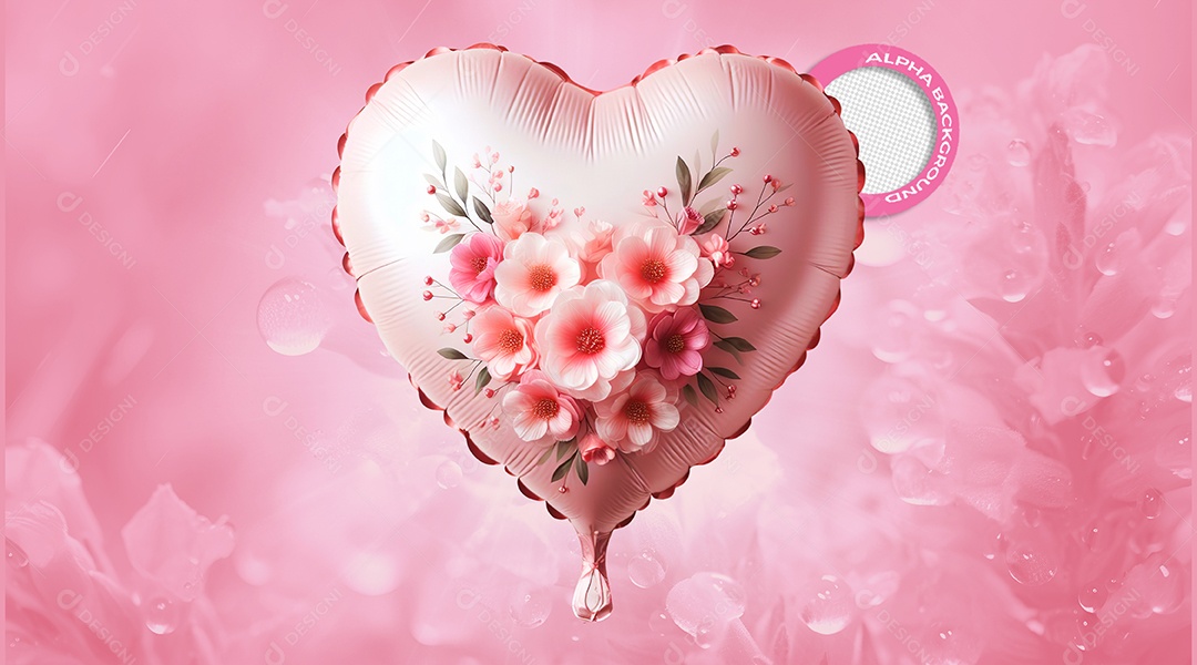 Balão de Coração e Flores Elemento 3D para Composição PSD