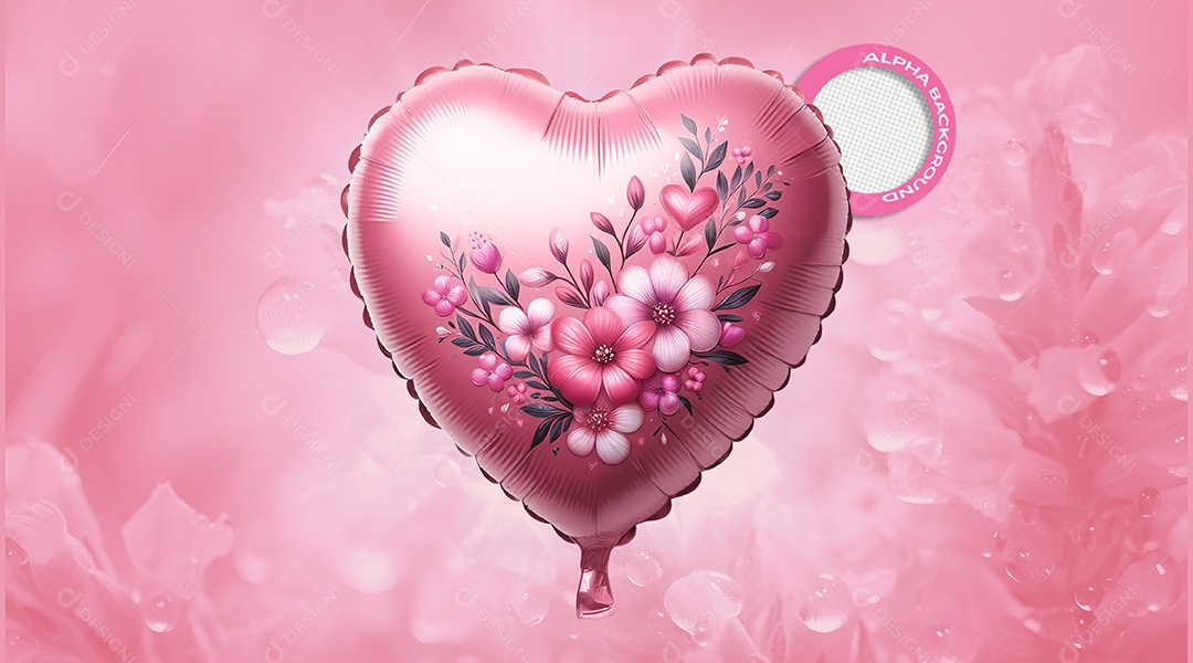 Balão de Coração e Flores Rosa Elemento 3D para Composição PSD