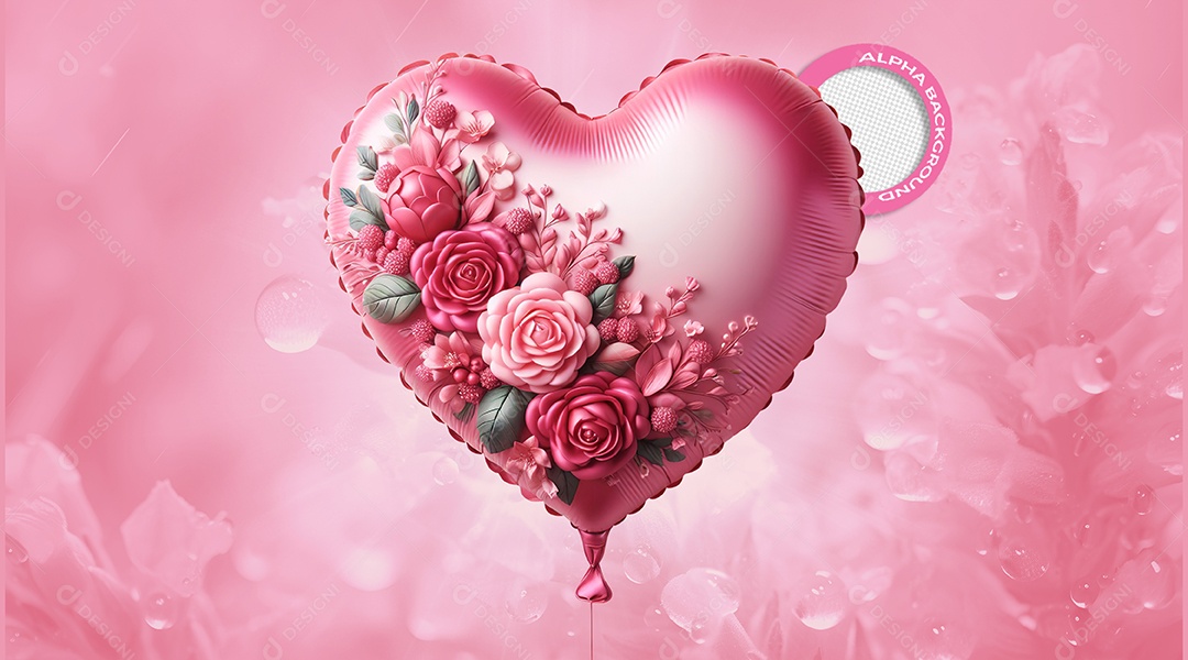 Balão de Coração e Flores Elemento 3D Rosa para Composição PSD