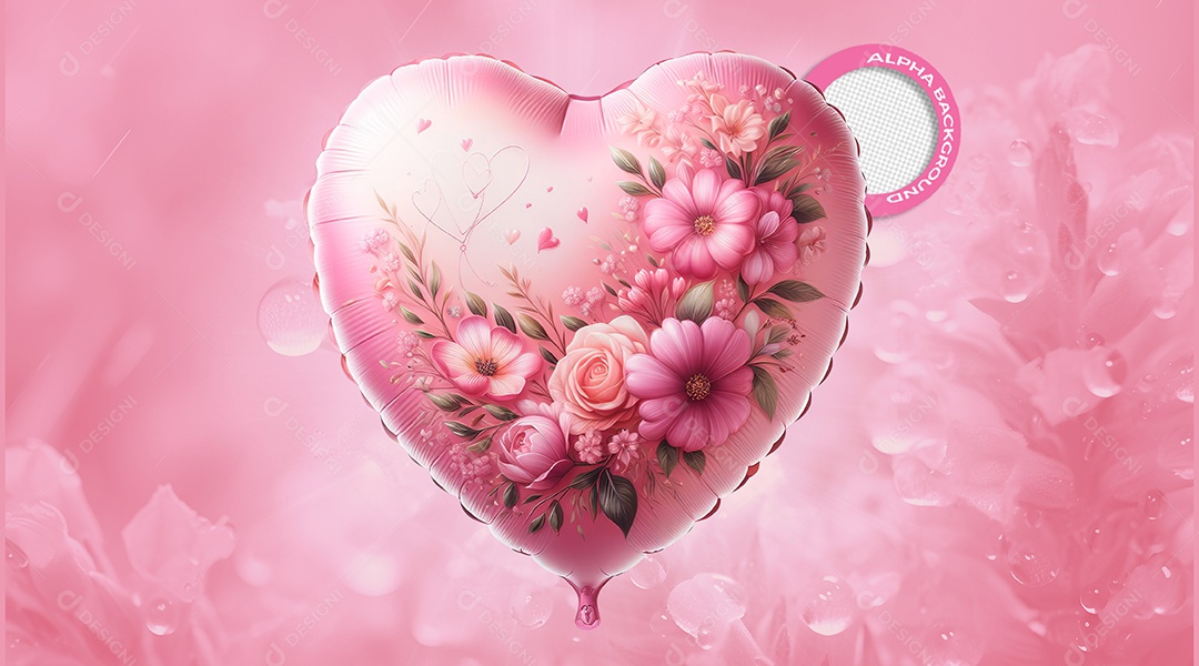 Balão de Coração e Flores Elemento 3D para Composição PSD