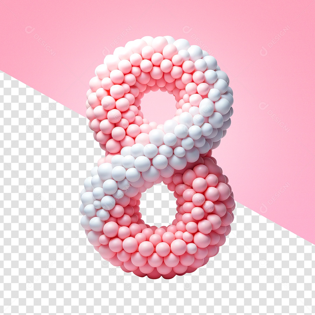 Número 8 Rosa Branco Elemento 3D para Composição PSD