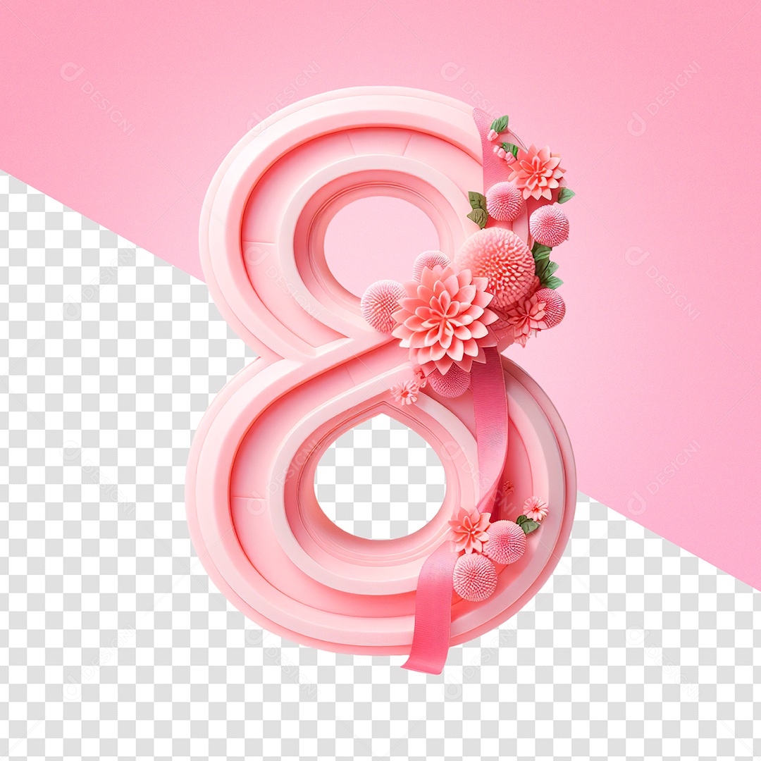 Número 8 com Flores Elemento 3D para Composição PSD
