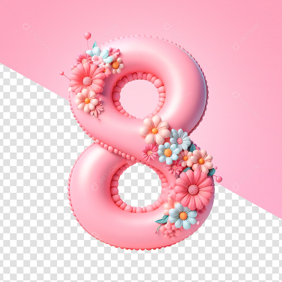 Número 8 com Flores Elemento 3D para Composição PSD