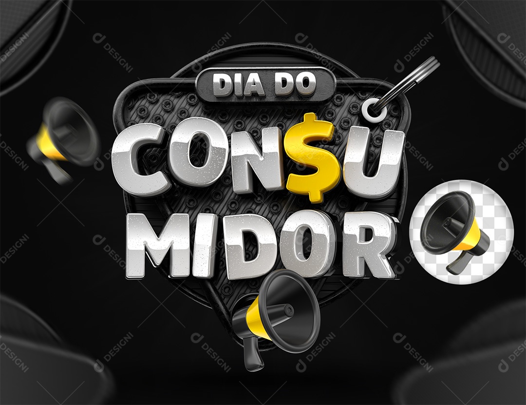Selo 3D Dia do Consumidor Preto Cinza e Amarelo para Composição PSD