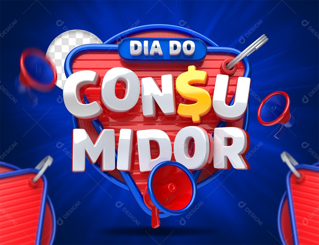 Selo 3D Dia do Consumidor Vermelho Branco e Azul para Composição PSD