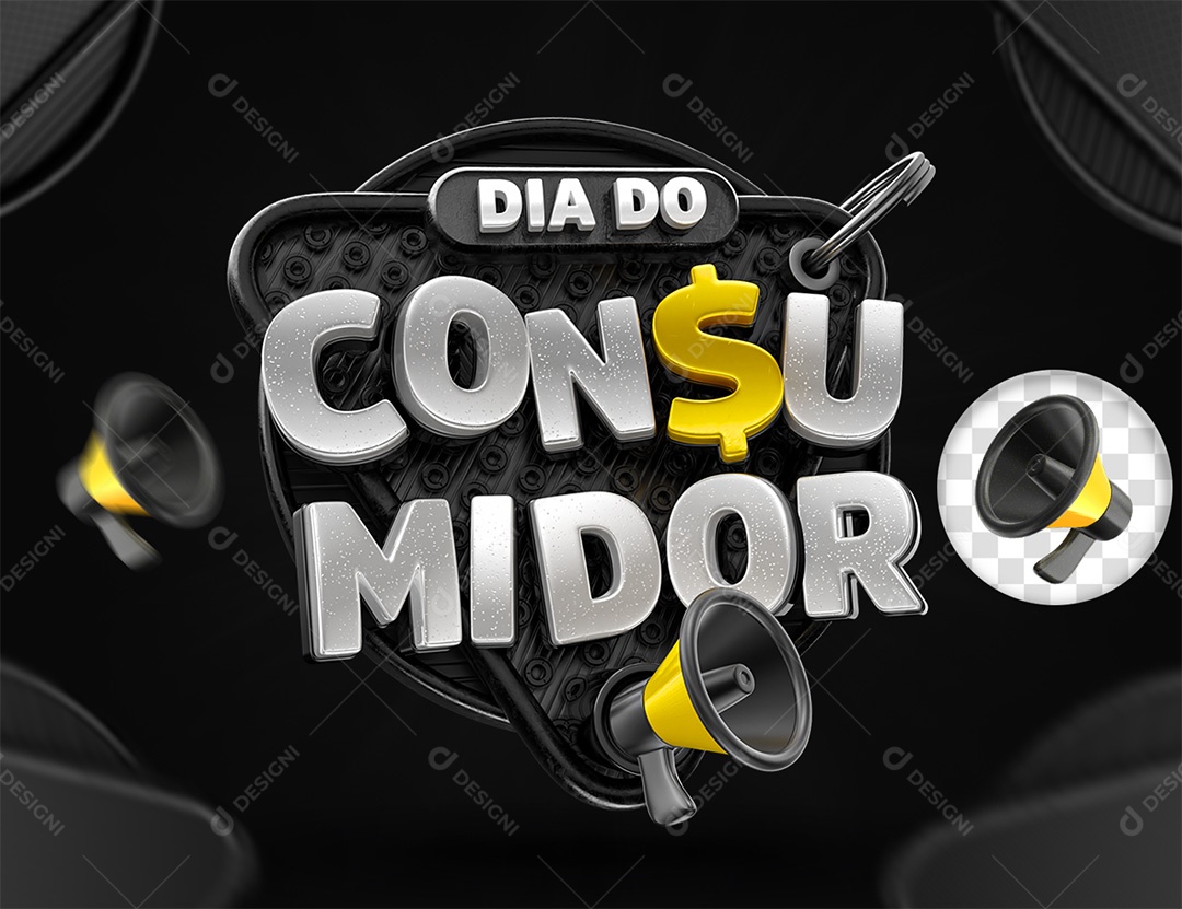 Dia do Consumidor Selo 3D Preto Cinza e Amarelo para Composição PSD