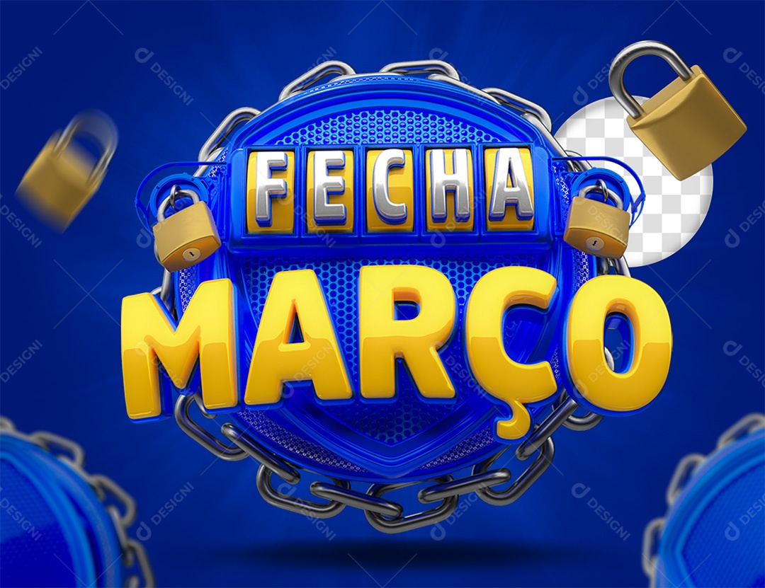 Fecha Março Selo 3D Azul e amarelo para Composição PSD