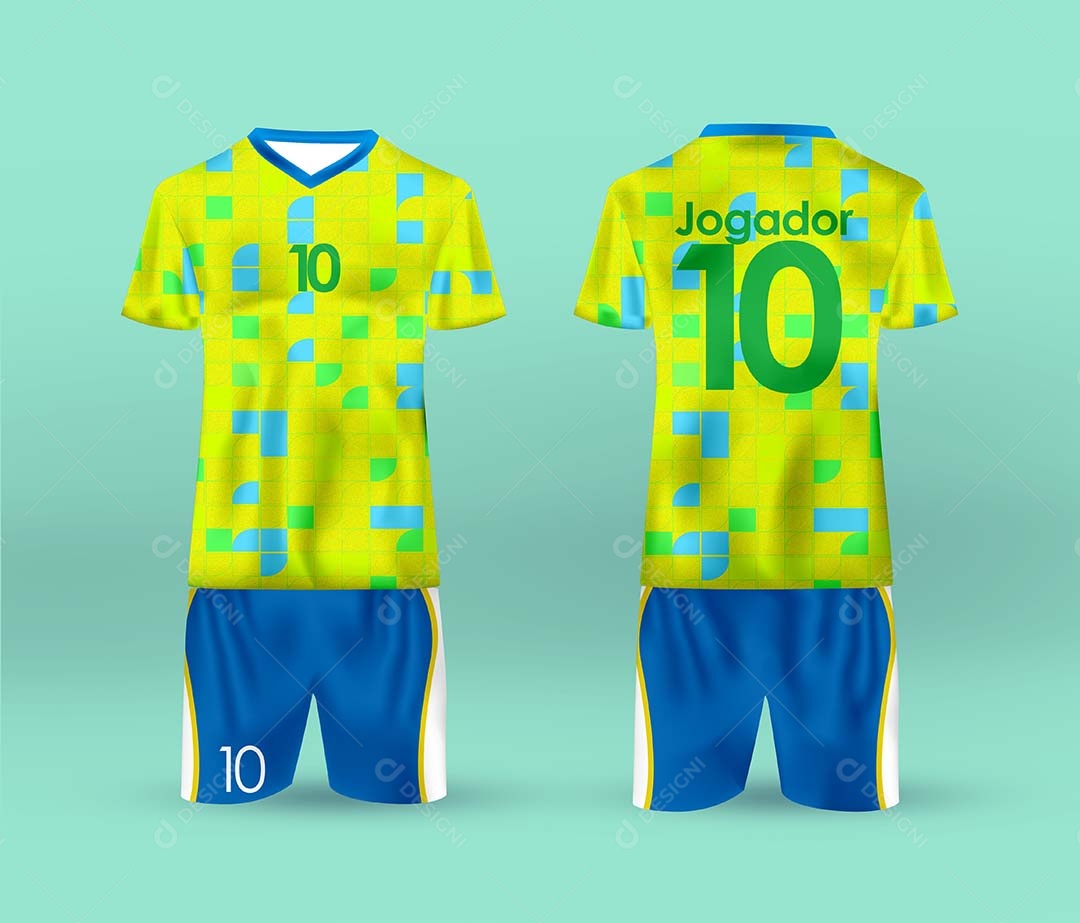 Uniforme de Futebol Verde Amarelo e Azul PSD + AI Editável