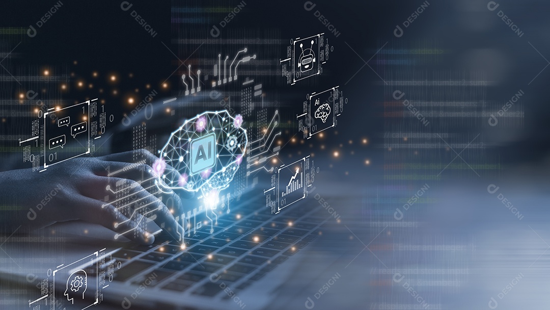 Máquina de IA em telas virtuais com big data e código de computador