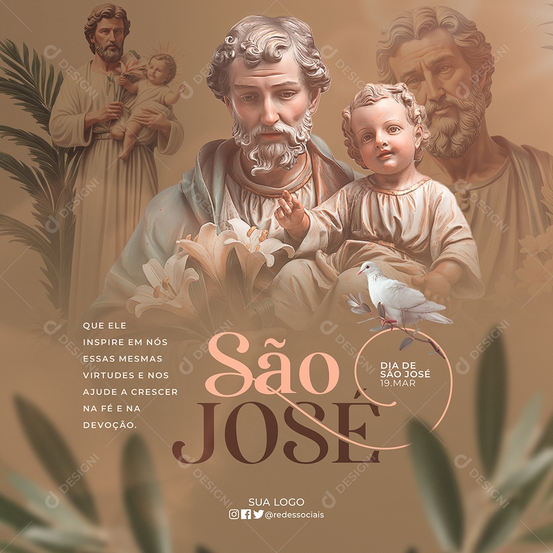 Dia de São José 19 de Março que Ele Inspire em Nós Social Media PSD Editável