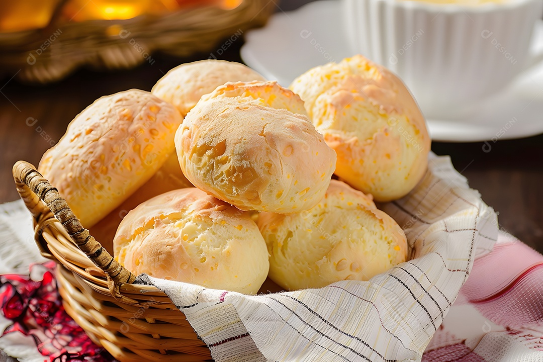 Pão de queijo brasileiro em uma tigela rústica