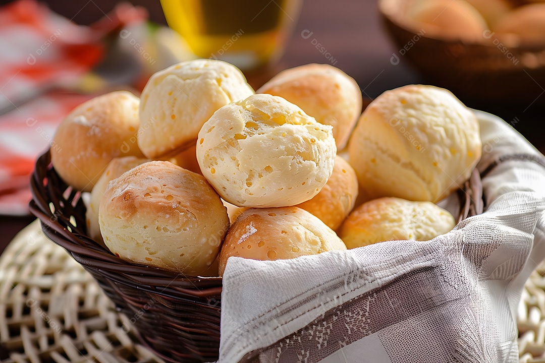 Muitos pães de queijo sobre cesta rústica em cima de mesa de madeira