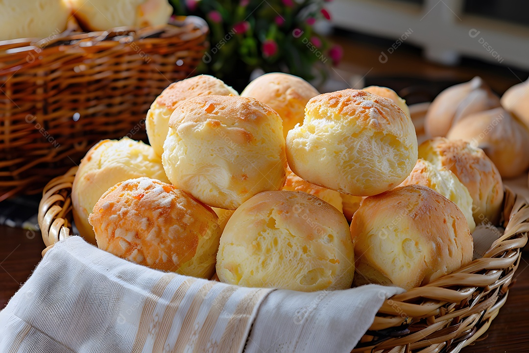 Muitos pães de queijo sobre cesta rústica em cima de mesa de madeira