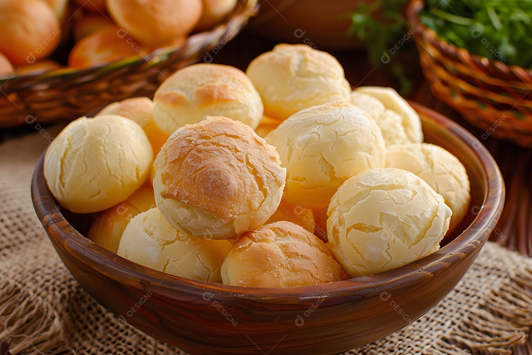 Pão de queijo dentro de tigela de madeira