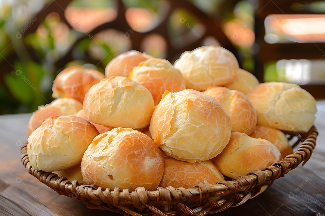Muitos pães de queijo sobre cesta rústica em cima de mesa de madeira