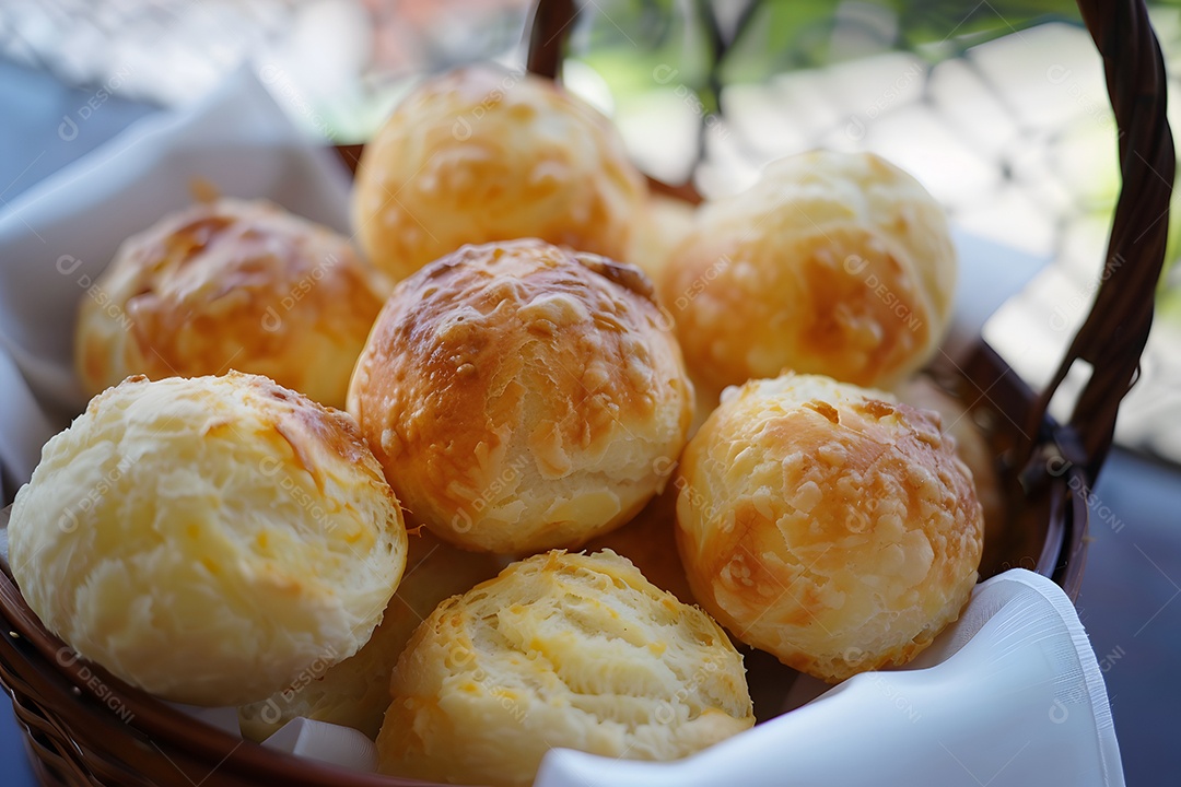 Vários pães de queijo em cesta de madeira