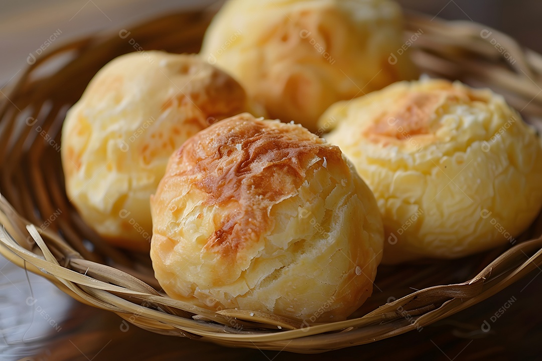 Pães de queijo em cesta sobre mesa de madeira