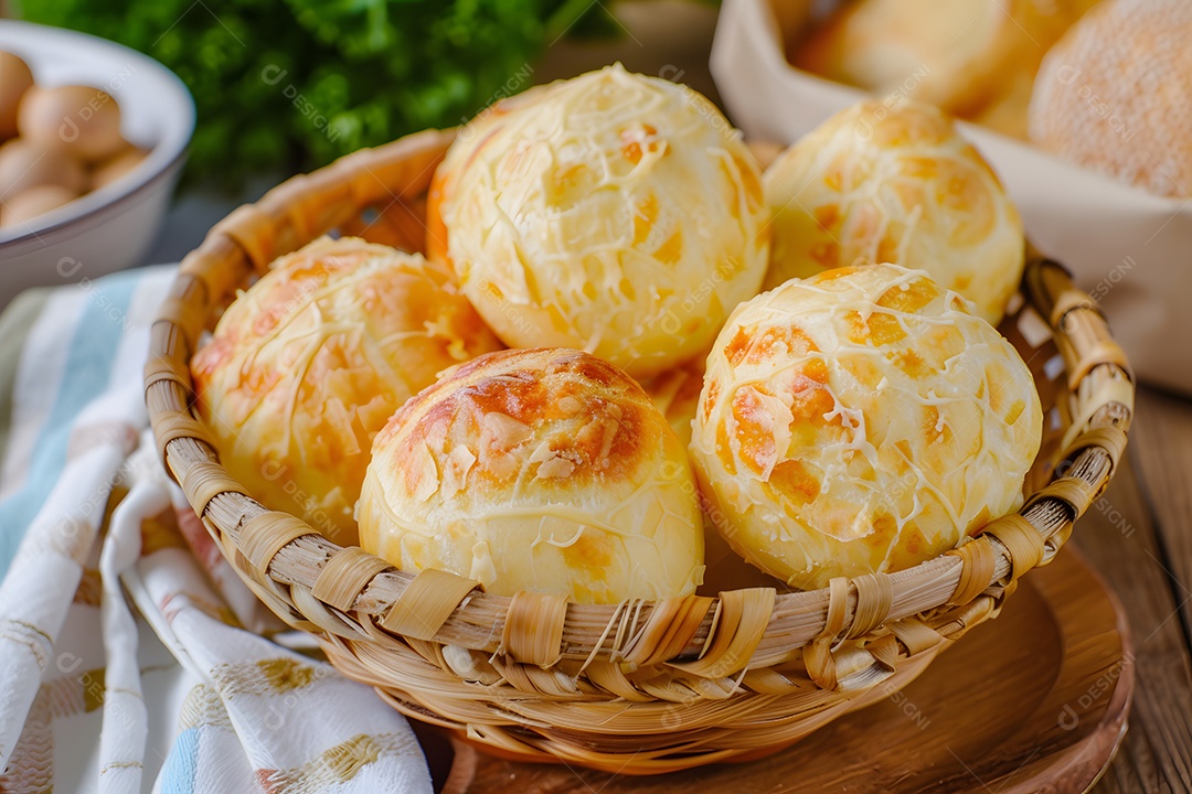 Cesta de palha rústica e pães de queijo dentro