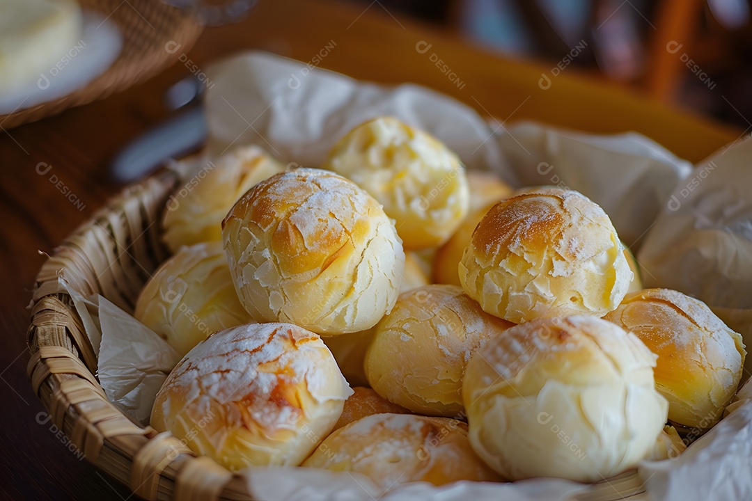 Pães de queijo em cesta sobre mesa de madeira