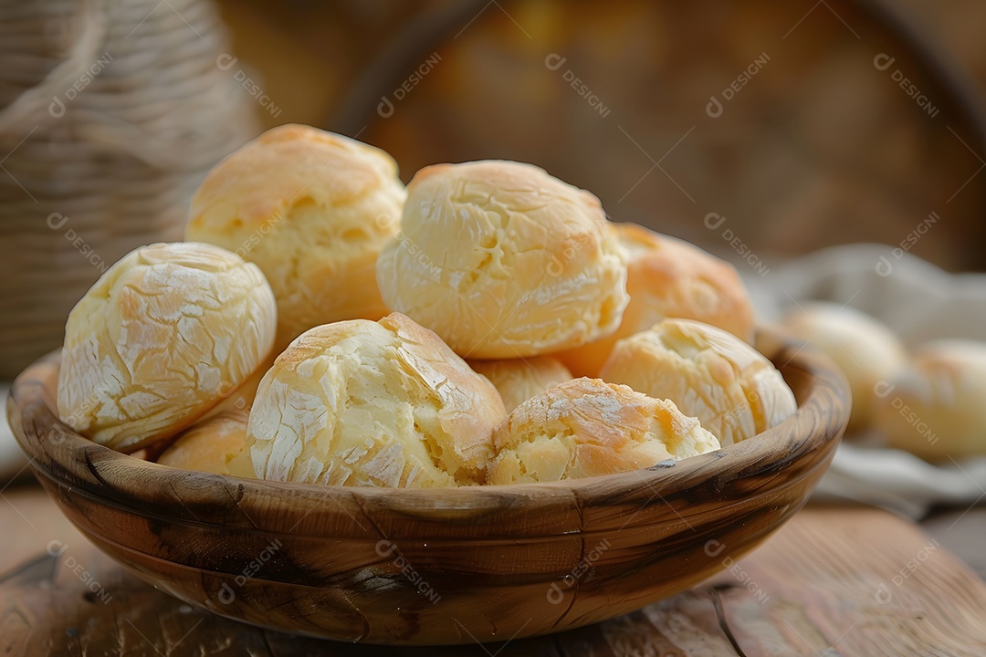 Pão de queijo em recipiente de madeira