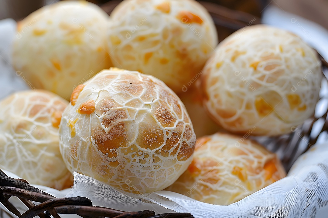 Pão de queijo bonito e delicioso dentro de cesta