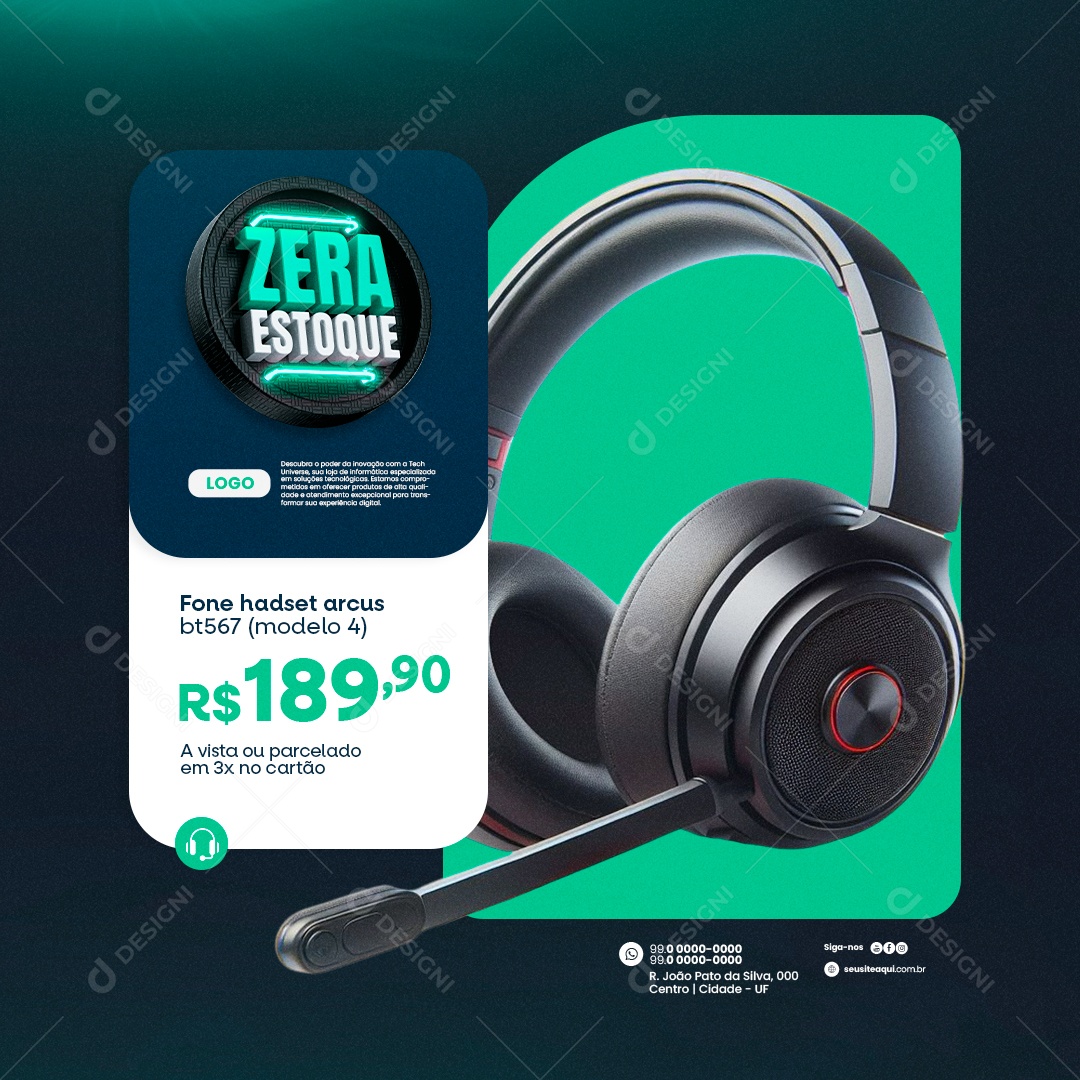 Informática Zera Estoque Fone headset arcus Social Media PSD Editável