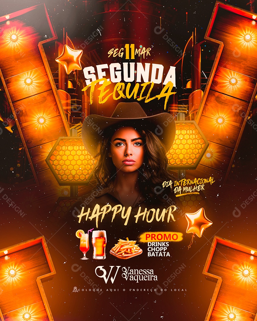 Flyer Segunda tequila Vanessa Vaqueira Dia Internacional da Mulher Social Media PSD Editável