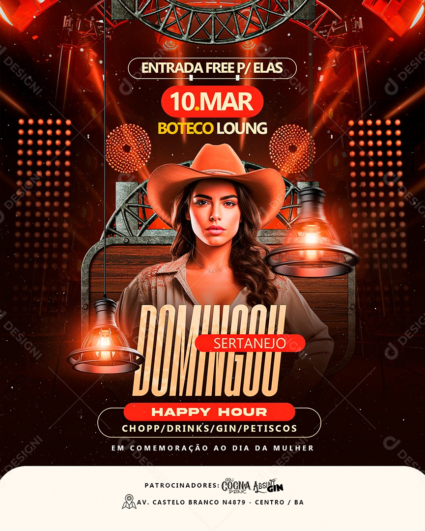 Flyer Domingo Sertanejo Happy Hour comemoração Dia da Mulher Social Media PSD Editável