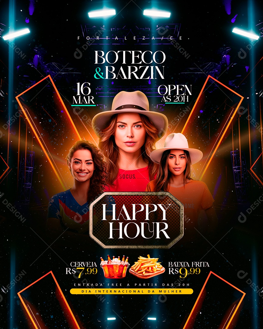 Flyer Boteco e Barzin Happy Hour Dia Internacional da Mulher Social Media PSD Editável