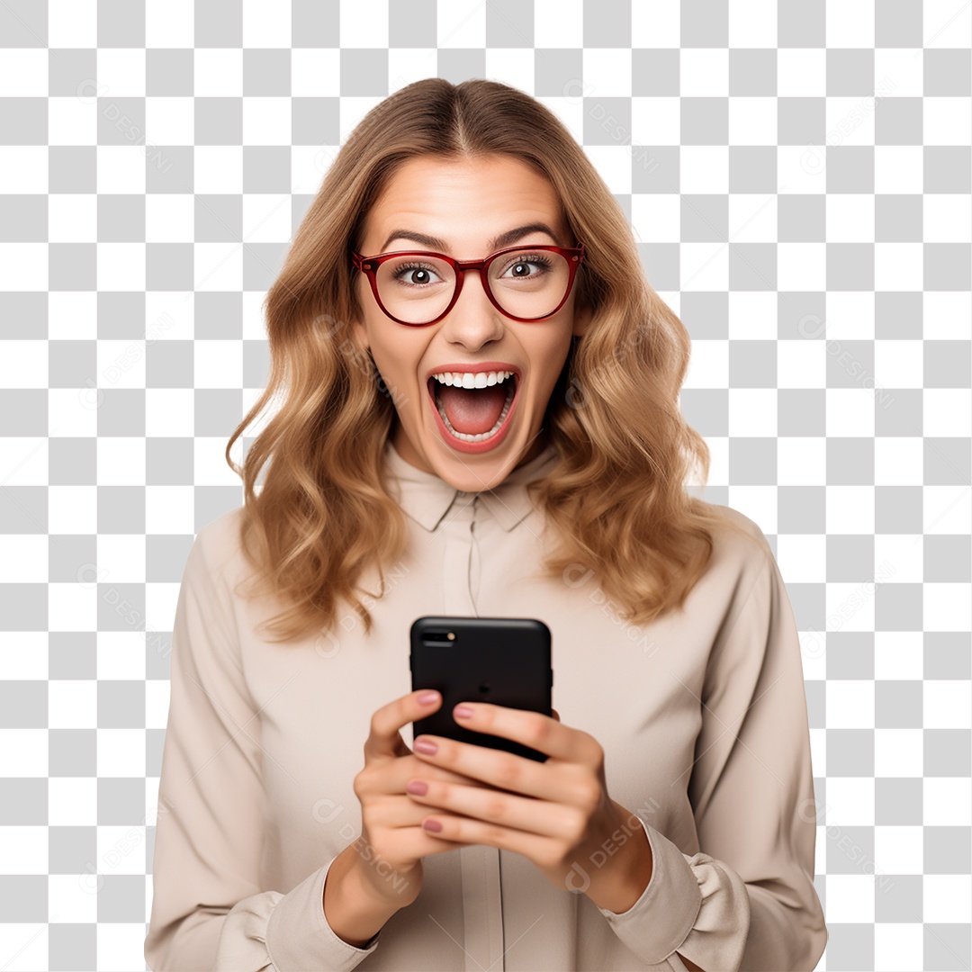 Mulher Segurando Celular nas Mãos PNG Transparente