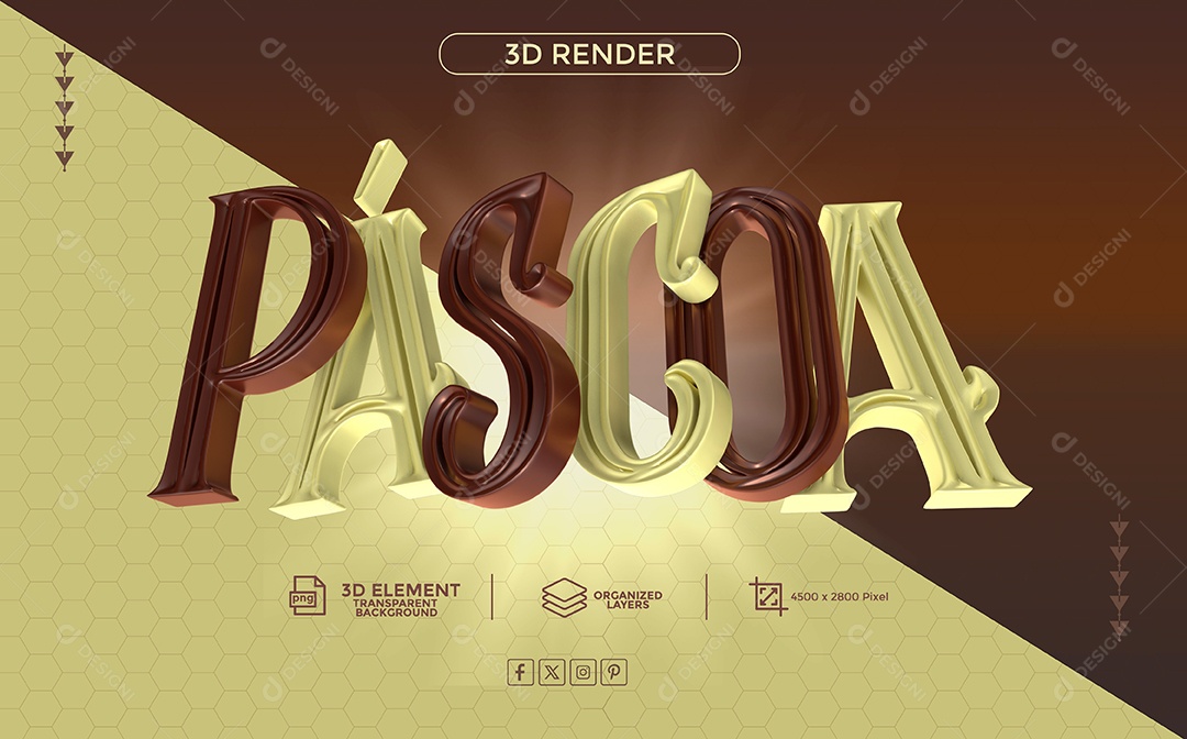 Páscoa Texto 3D Marron Branco para Composição PSD