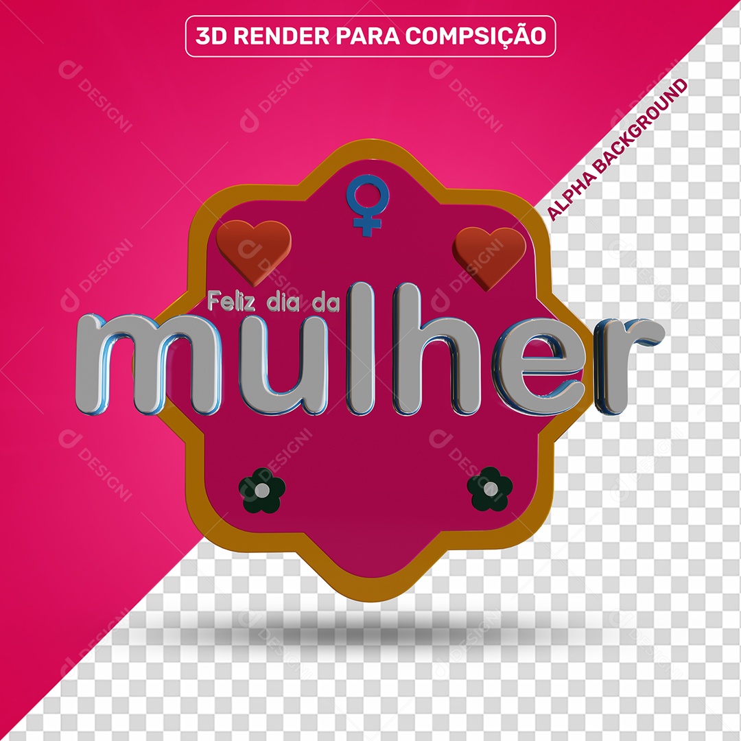 Feliz Dia da Mulher Selo 3D Rosa e Amarelo para Composição PSDwha